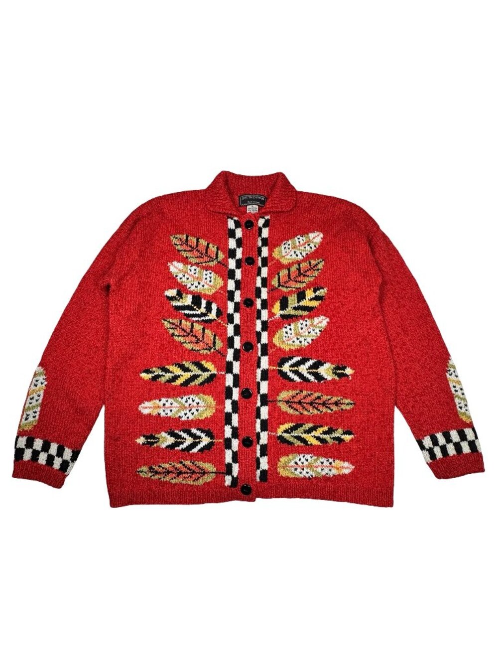 VTG 90s Cottage Boho Cardigan Sz L Red Southwestern Leaf Feather Maximalist